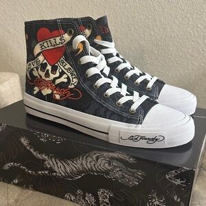 Ed Hardy Black and White High-Tops with Skull and Heart